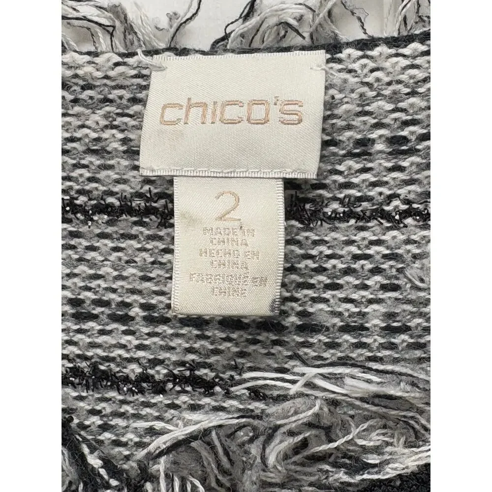 Chico’s Sweater Open Front Cardigan Lace Trim Frayed Edges Size 2 or Womens L